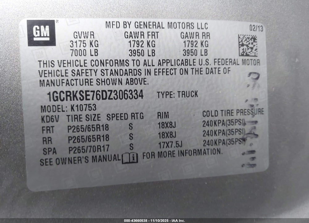 2013 CHEVROLET SILVERADO 1500 LT VIN: 1GCRKSE76DZ306334