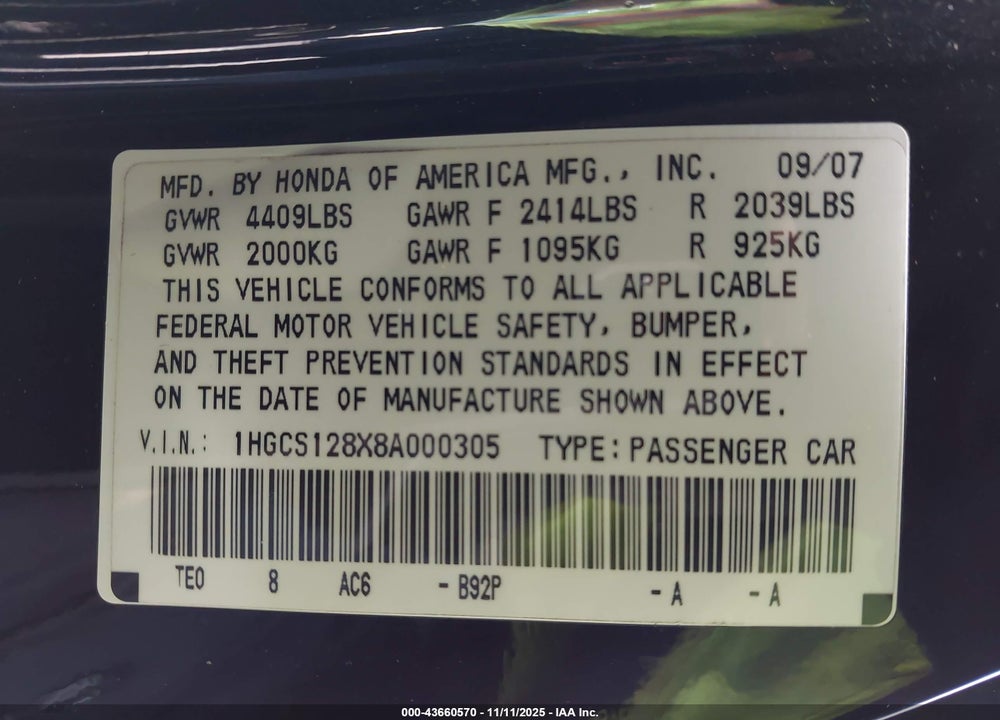 2008 HONDA ACCORD CPE 2.4 EX-L/EX-L VIN: 1HGCS128X8A000305