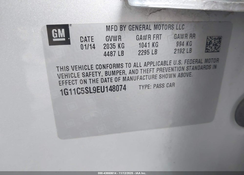 2014 CHEVROLET MALIBU 1LT VIN: 1G11C5SL9EU148074