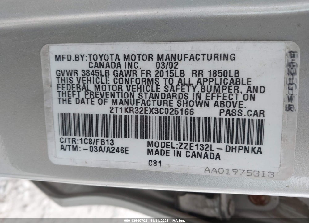 2003 TOYOTA MATRIX/XR VIN: 2T1KR32EX3C025166