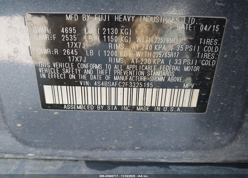 2015 SUBARU OUTBACK VIN: 4S4BSAFC2F3325195
