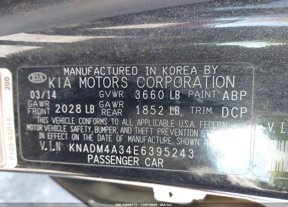 2014 KIA RIO LX VIN: KNADM4A34E6395243