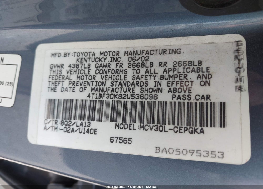 2002 TOYOTA CAMRY XLE V6 VIN: 4T1BF30K82U536096