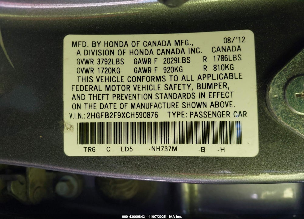 2012 HONDA CIVIC EX-L VIN: 2HGFB2F9XCH590876