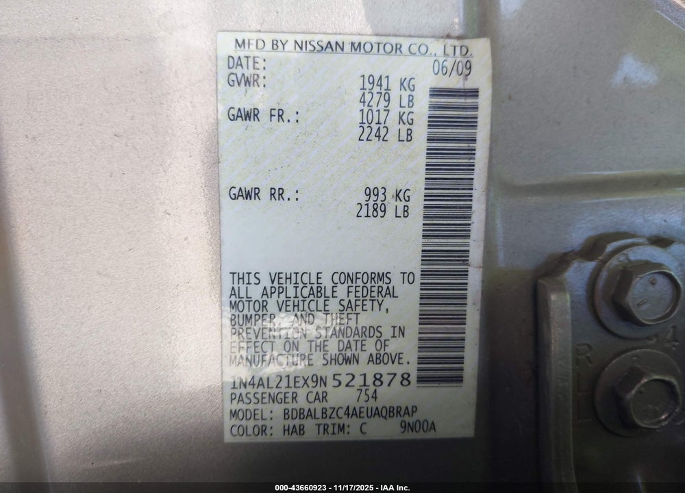 2009 NISSAN ALTIMA 2.5 S VIN: 1N4AL21EX9N521878