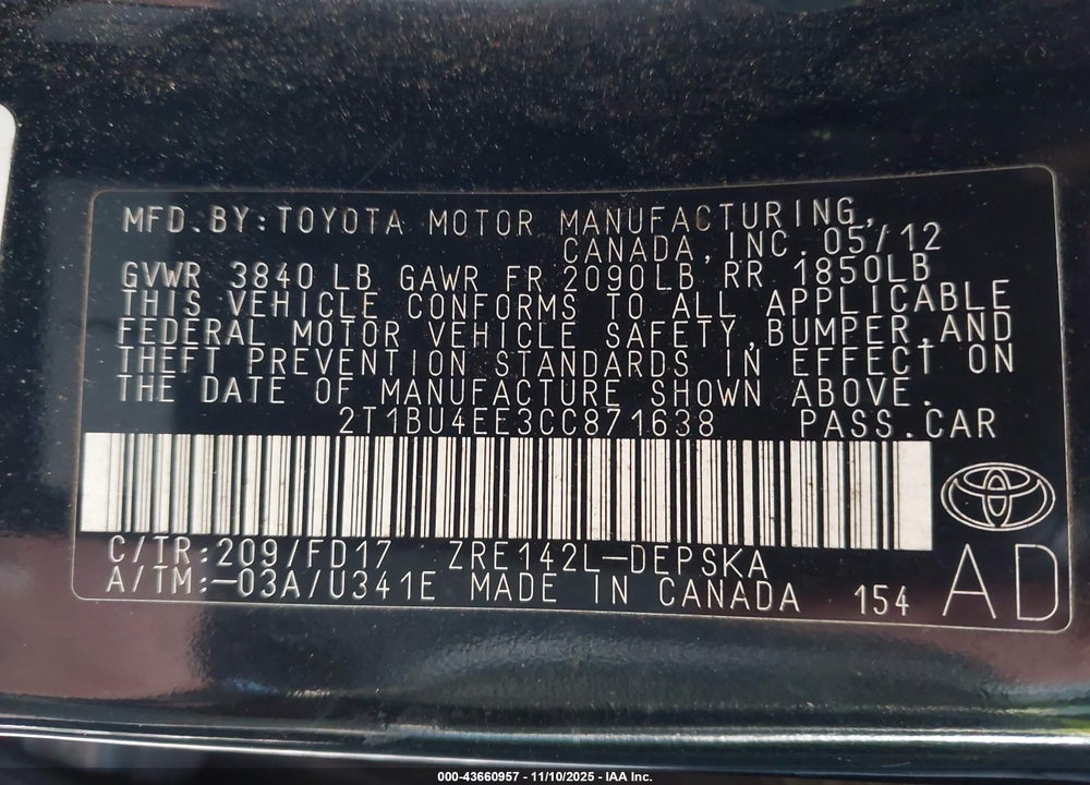 2012 TOYOTA COROLLA VIN: 2T1BU4EE3CC871638