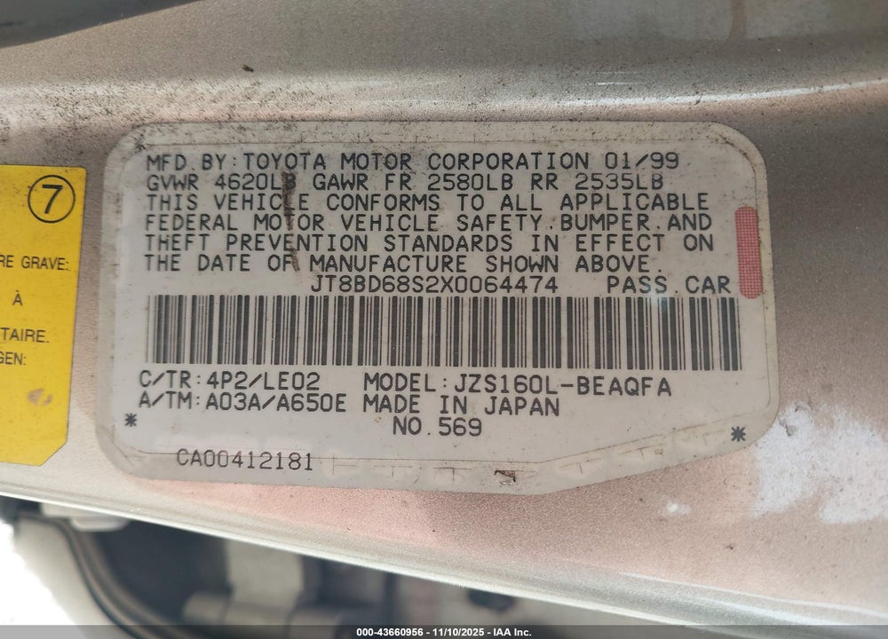1999 LEXUS GS 300 VIN: JT8BD68S2X0064474