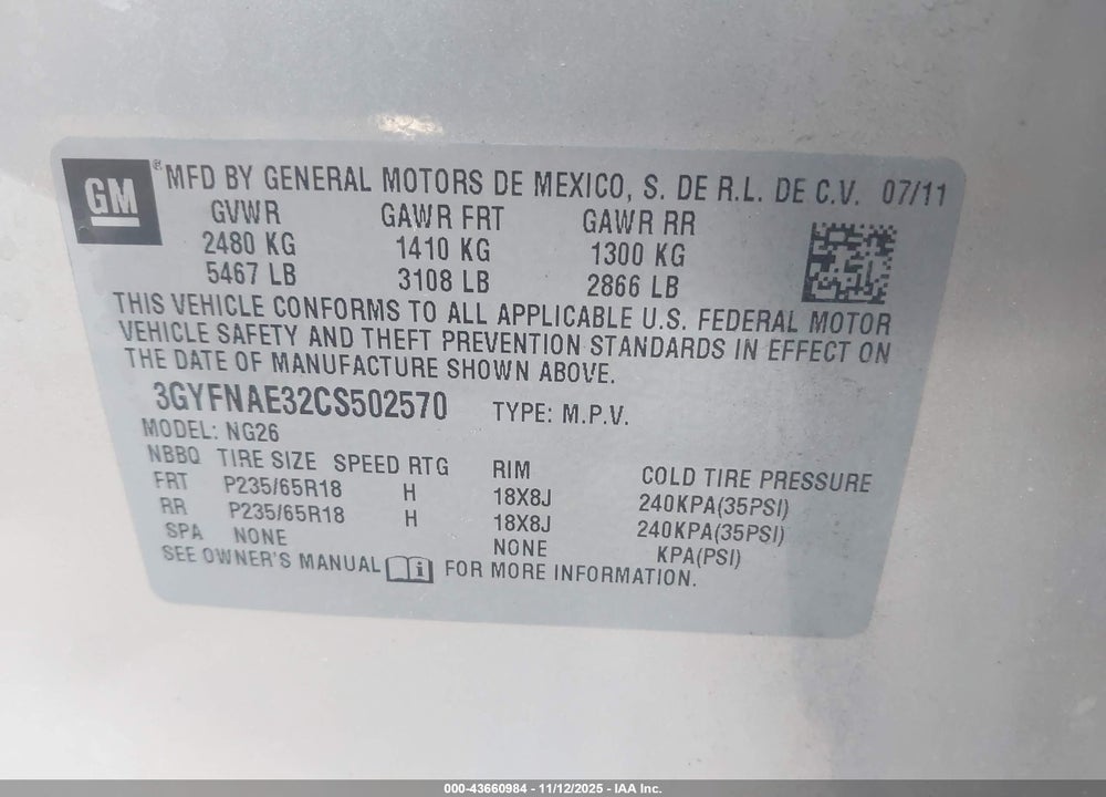 2012 CADILLAC SRX LUXURY COLLECTION VIN: 3GYFNAE32CS502570