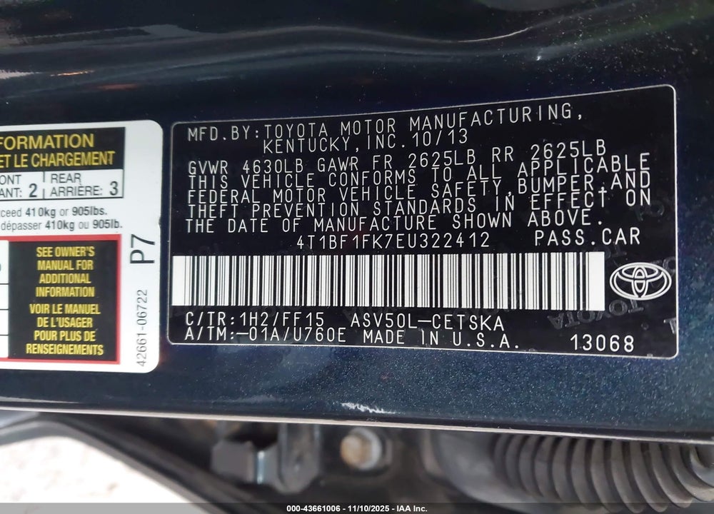 2014 TOYOTA CAMRY SE VIN: 4T1BF1FK7EU322412
