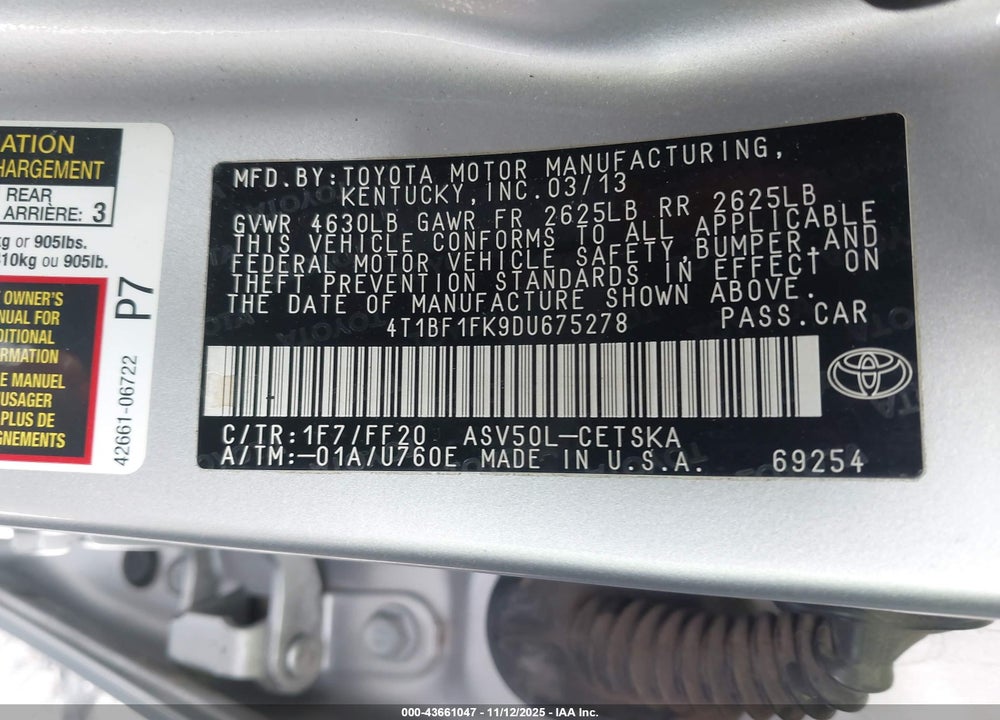 2013 TOYOTA CAMRY SE VIN: 4T1BF1FK9DU675278