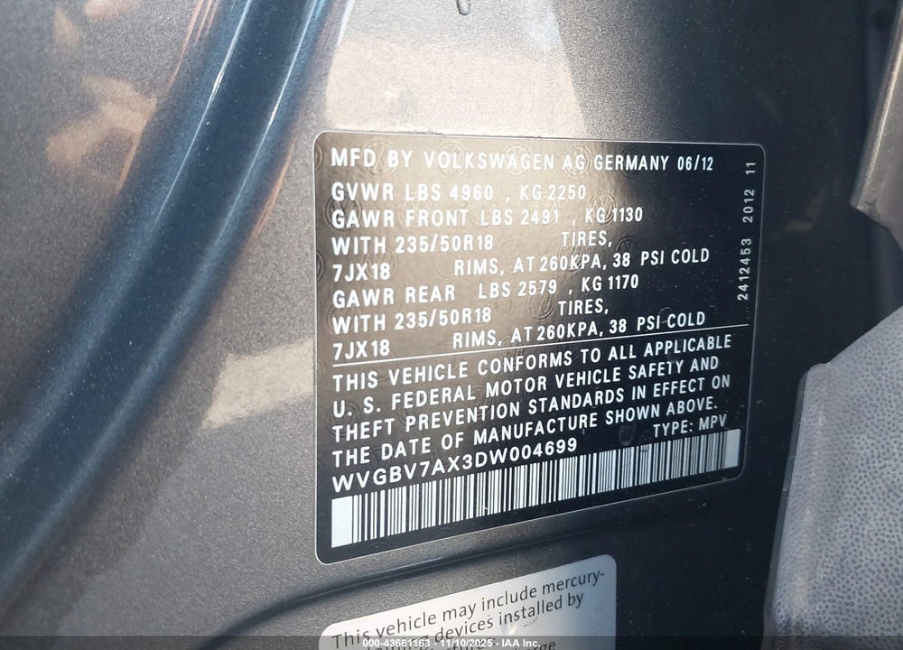 2013 VOLKSWAGEN TIGUAN VIN: WVGBV7AX3DW004699
