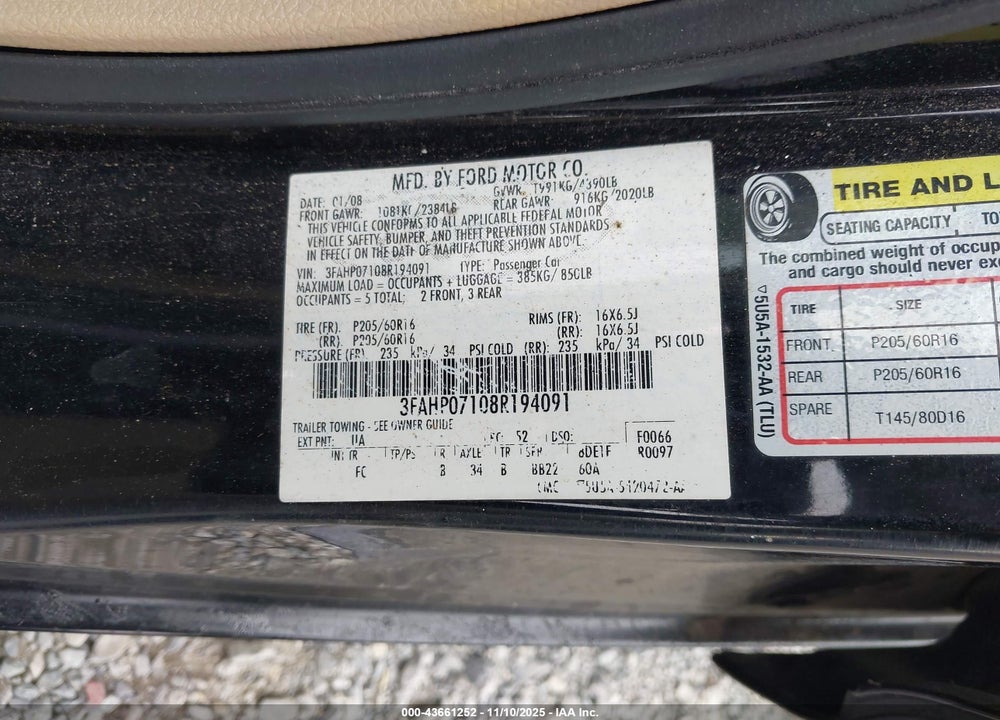 2008 FORD FUSION SE VIN: 3FAHP07108R194091