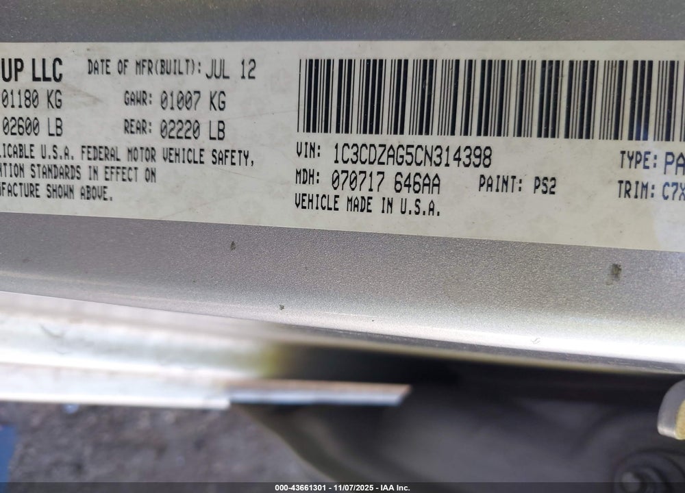 2012 DODGE AVENGER VIN: 1C3CDZAG5CN314398