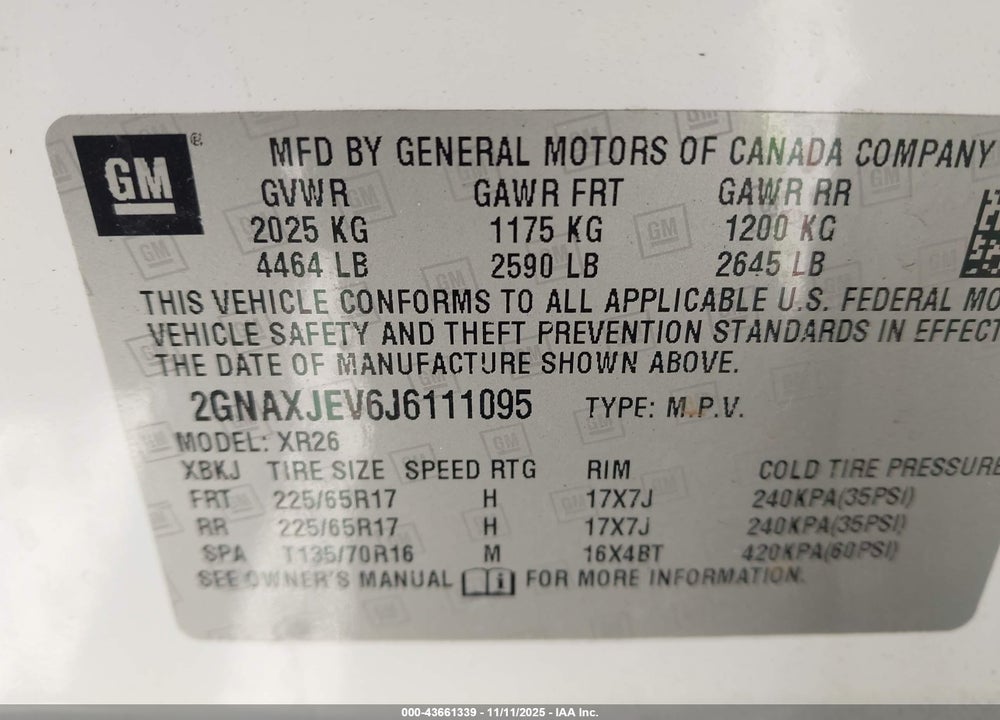 2018 CHEVROLET EQUINOX LT VIN: 2GNAXJEV6J6111095