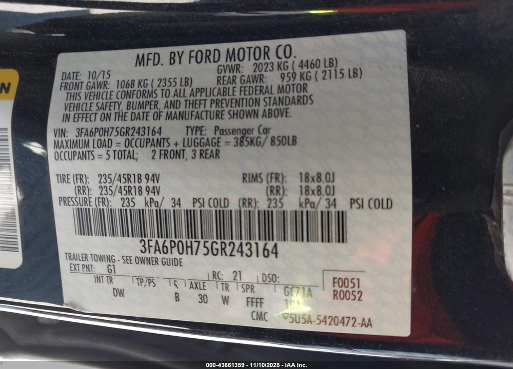 2016 FORD FUSION SE VIN: 3FA6P0H75GR243164