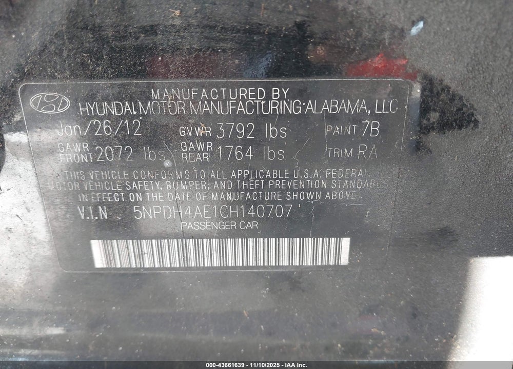 2012 HYUNDAI ELANTRA GLS VIN: 5NPDH4AE1CH140707