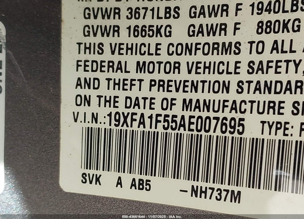 2010 HONDA CIVIC LX VIN: 19XFA1F55AE007695
