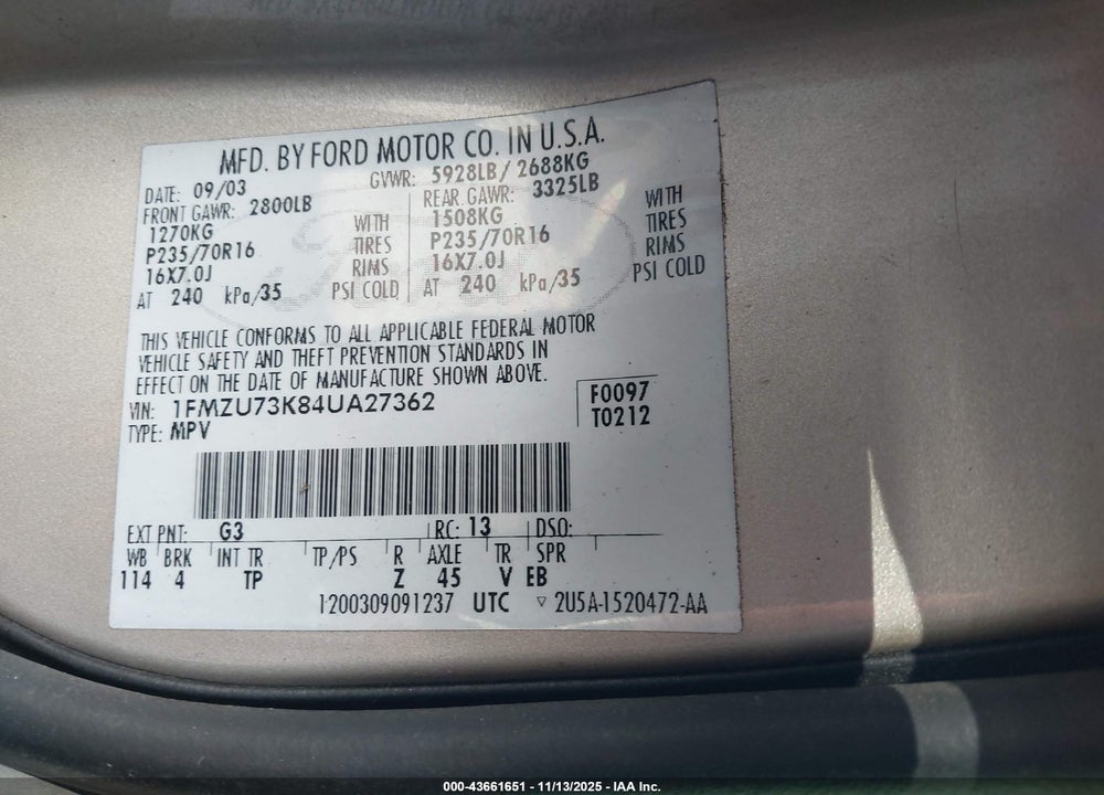 2004 FORD EXPLORER NBX/XLT VIN: 1FMZU73K84UA27362