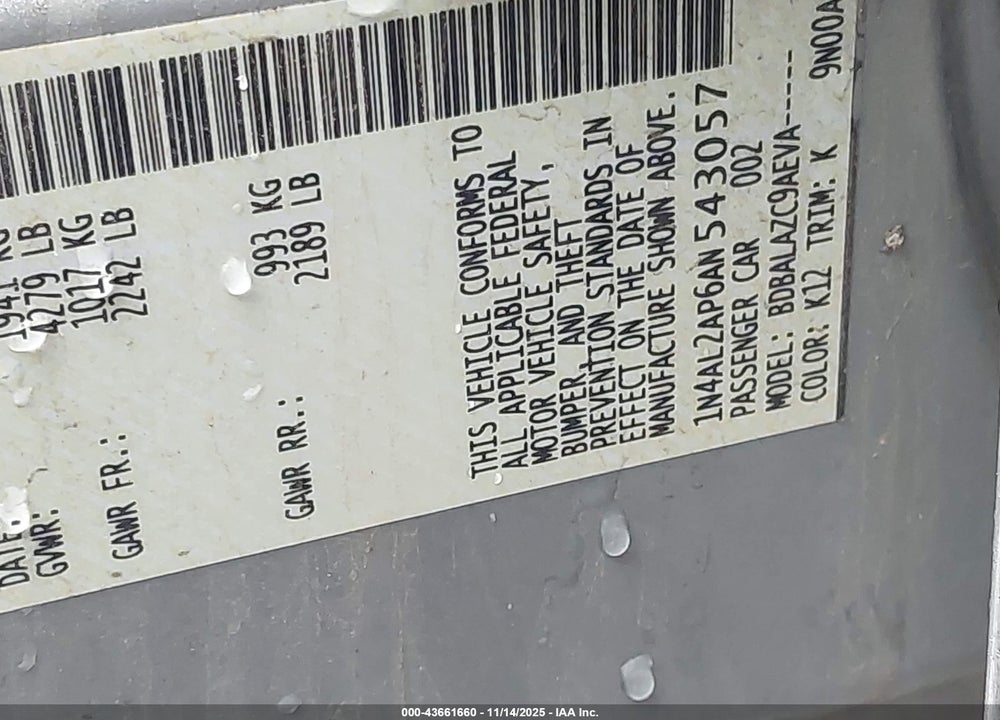 2010 NISSAN ALTIMA 2.5 VIN: 1N4AL2AP6AN543057