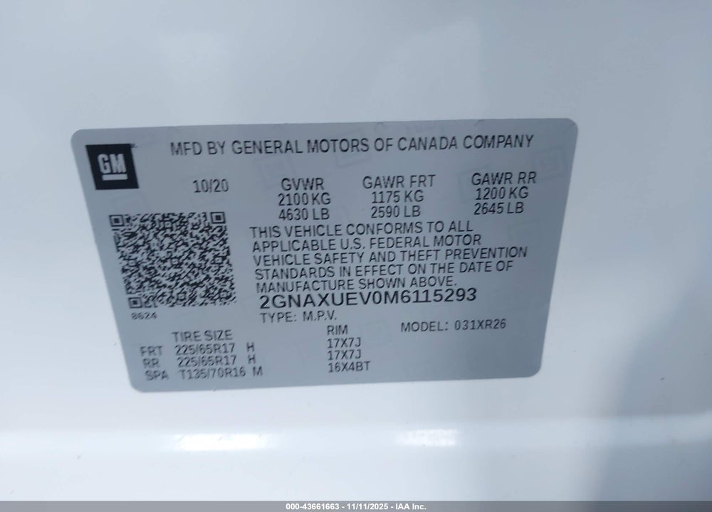 2021 CHEVROLET EQUINOX AWD LT VIN: 2GNAXUEV0M6115293