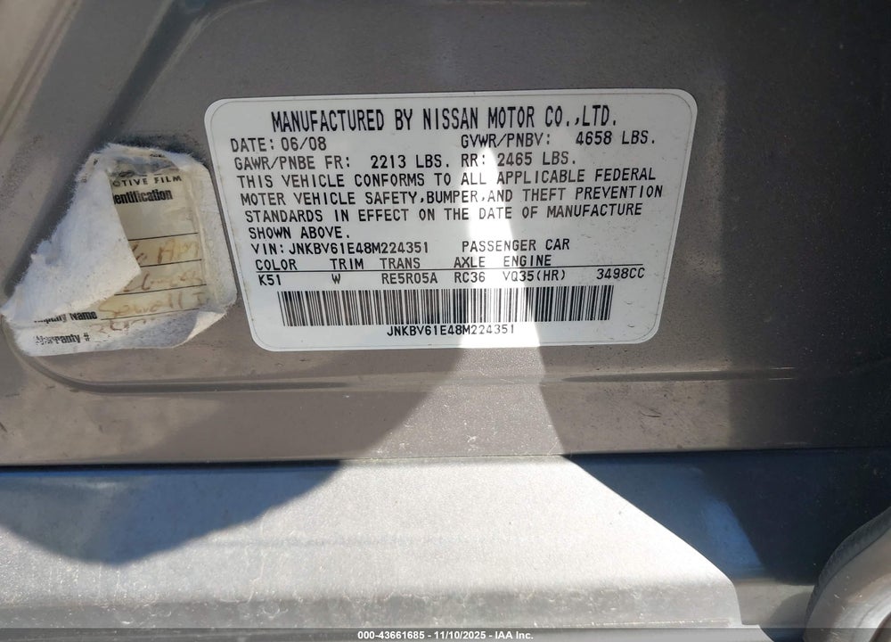 2008 INFINITI G35 JOURNEY VIN: JNKBV61E48M224351