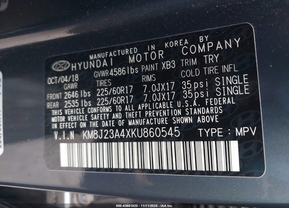 2019 HYUNDAI TUCSON SE VIN: KM8J23A4XKU860545