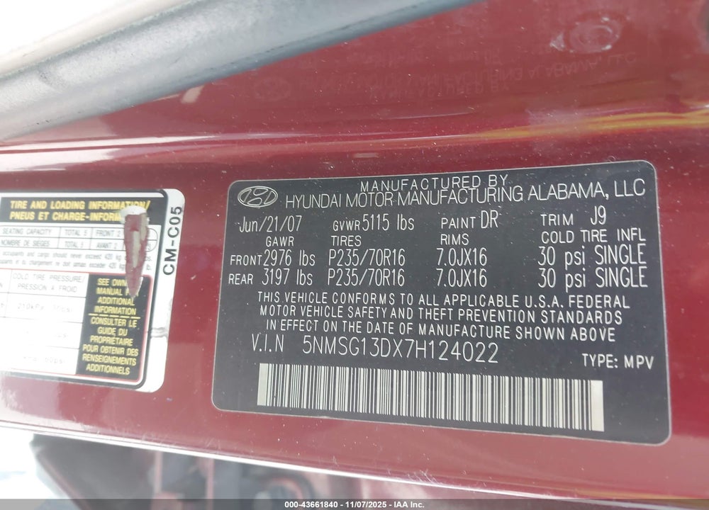 2007 HYUNDAI SANTA FE GLS VIN: 5NMSG13DX7H124022