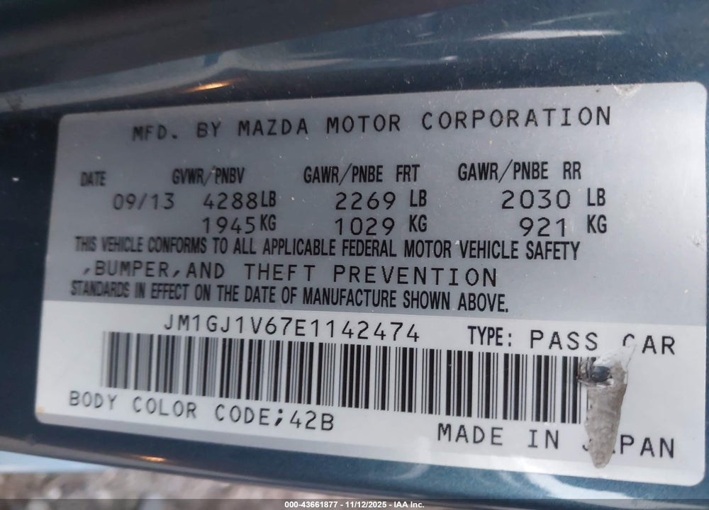 2014 MAZDA 6 I TOURING VIN: JM1GJ1V67E1142474