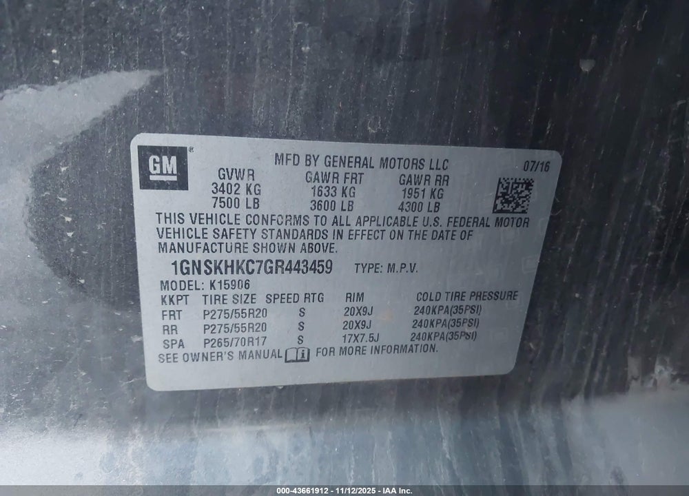 2016 CHEVROLET SUBURBAN VIN: 1GNSKHKC7GR443459