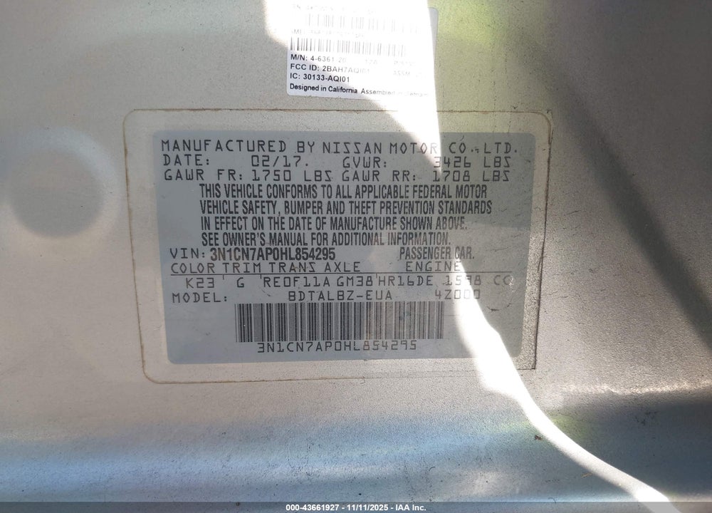 2017 NISSAN VERSA S VIN: 3N1CN7AP0HL854295
