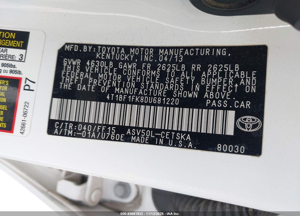 2013 TOYOTA CAMRY SE VIN: 4T1BF1FK8DU681220