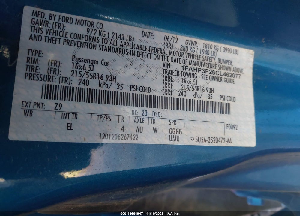 2012 FORD FOCUS SE VIN: 1FAHP3F26CL462077