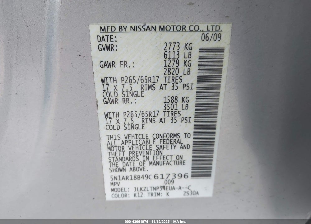 2009 NISSAN PATHFINDER VIN: 5N1AR18B49C617396
