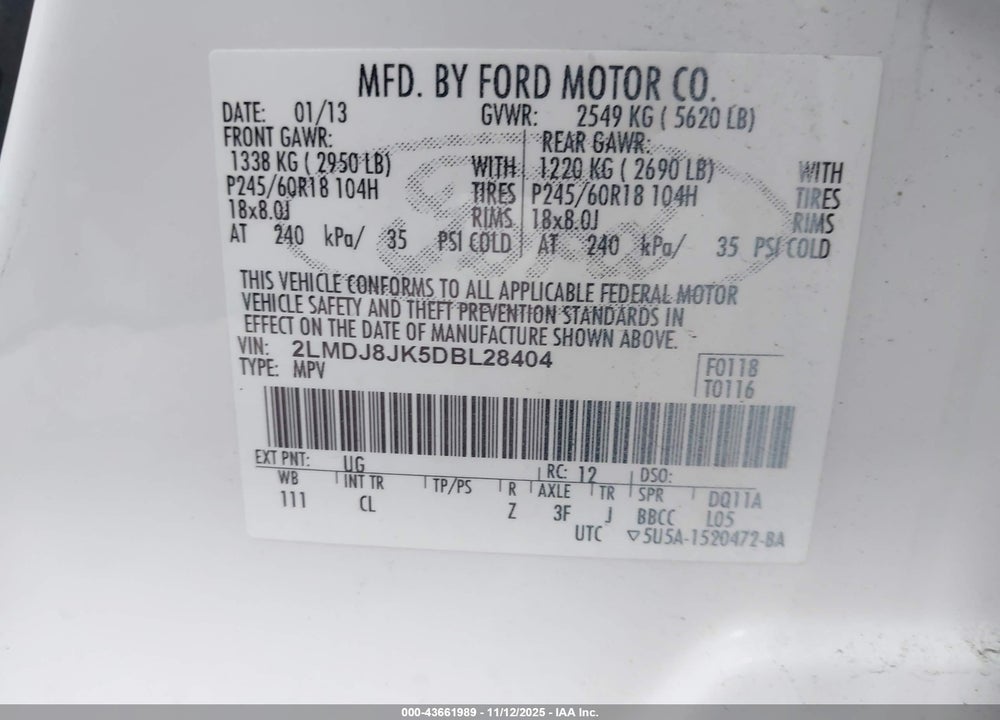 2013 LINCOLN MKX VIN: 2LMDJ8JK5DBL28404