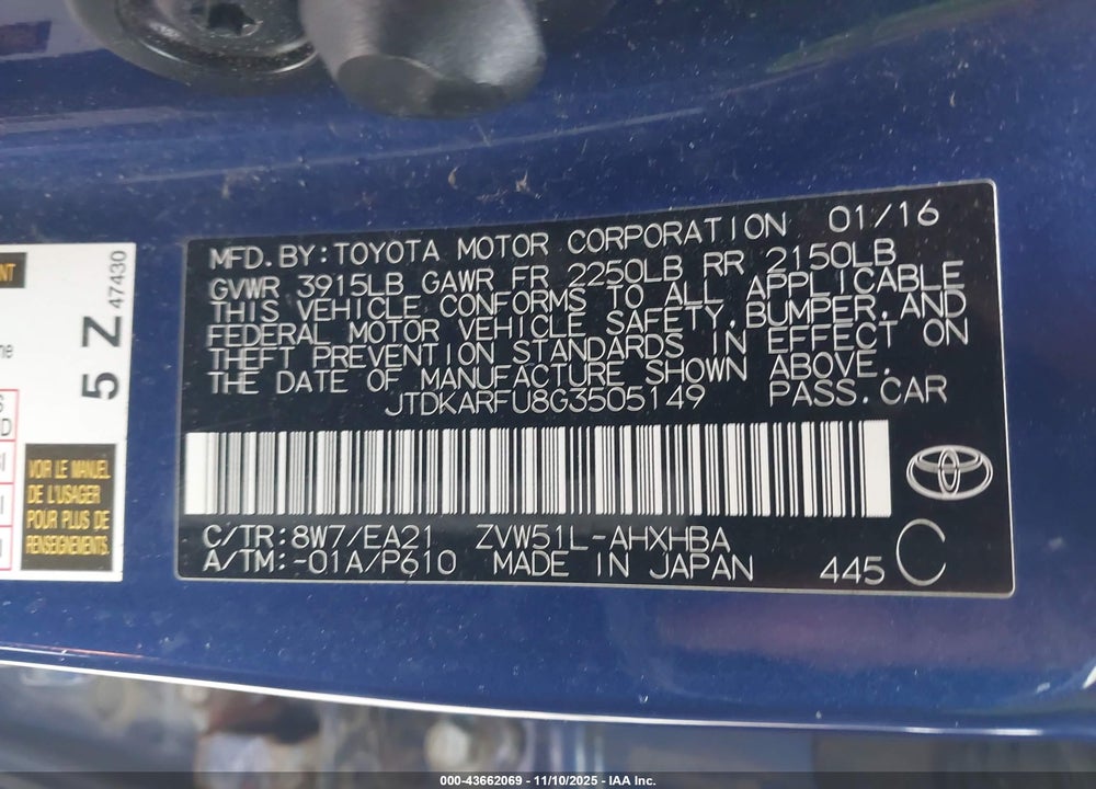 2016 TOYOTA PRIUS VIN: JTDKARFU8G3505149