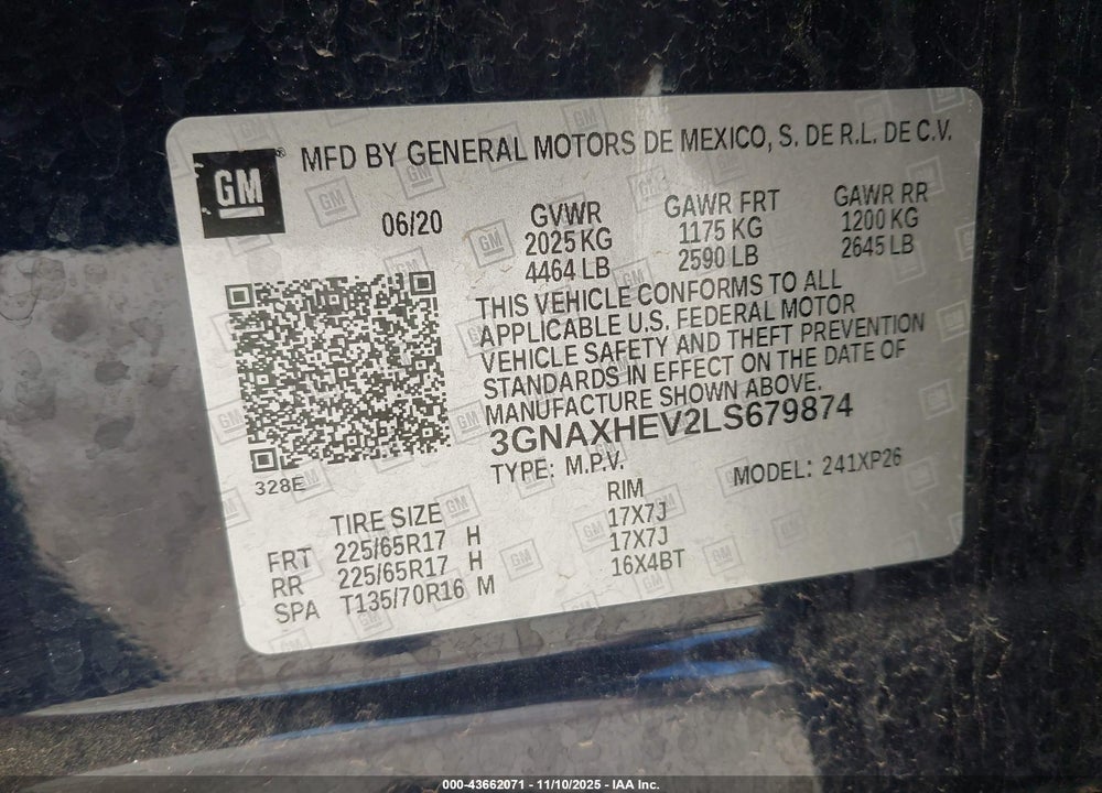 2020 CHEVROLET EQUINOX FWD LS VIN: 3GNAXHEV2LS679874
