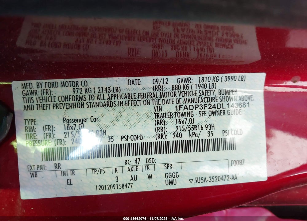 2013 FORD FOCUS SE VIN: 1FADP3F24DL143681