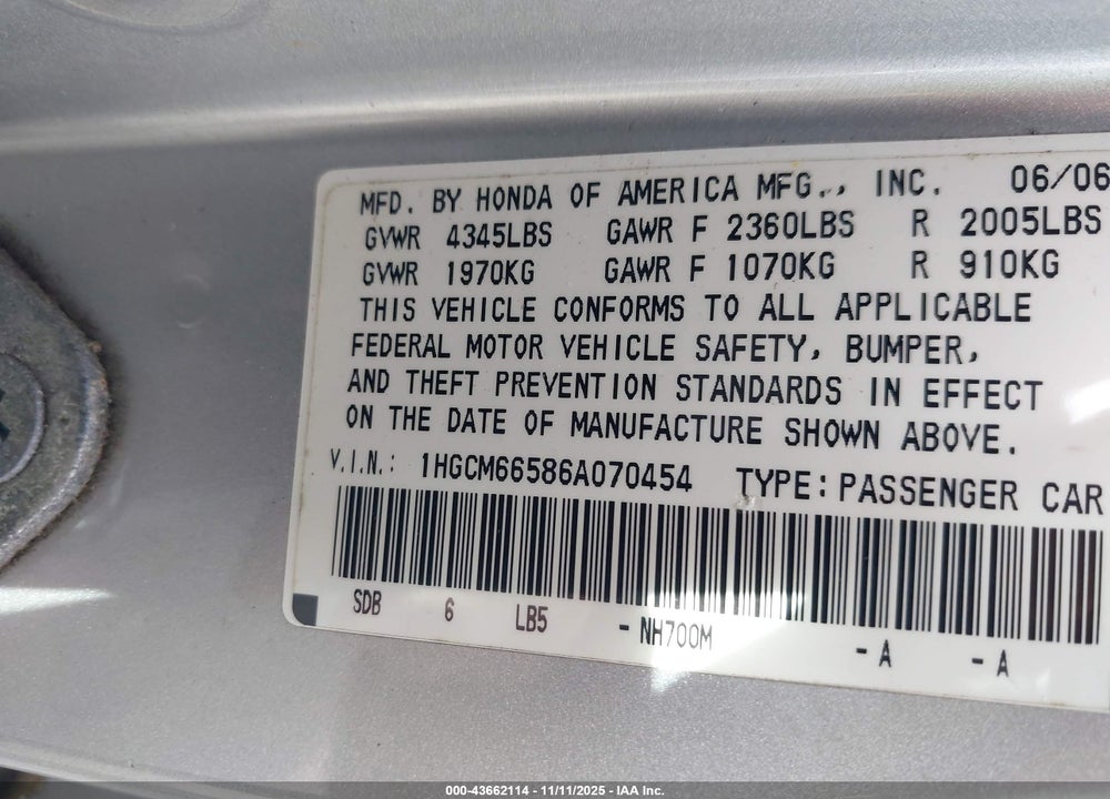 2006 HONDA ACCORD 3.0 EX VIN: 1HGCM66586A070454