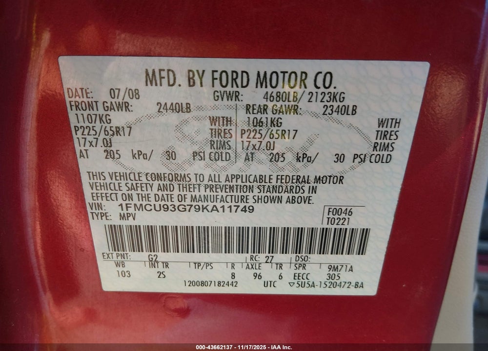 2009 FORD ESCAPE XLT VIN: 1FMCU93G79KA11749