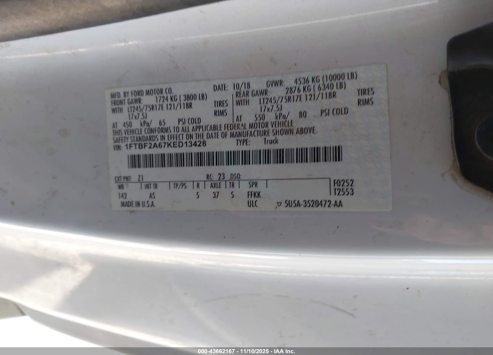 2019 FORD F-250 XL VIN: 1FTBF2A67KED13428
