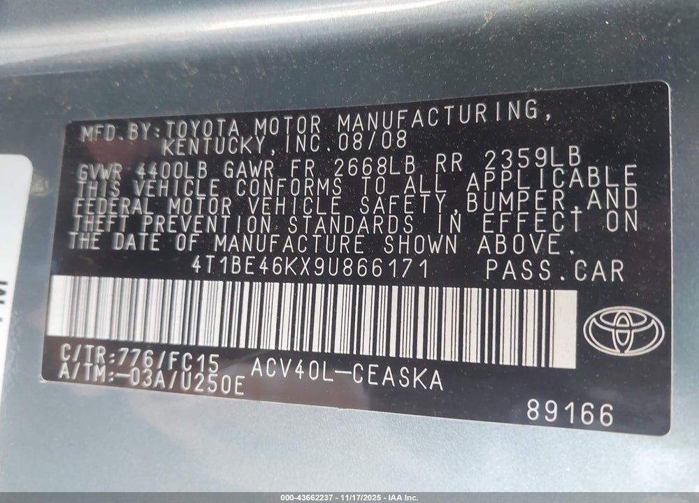 2009 TOYOTA CAMRY VIN: 4T1BE46KX9U866171