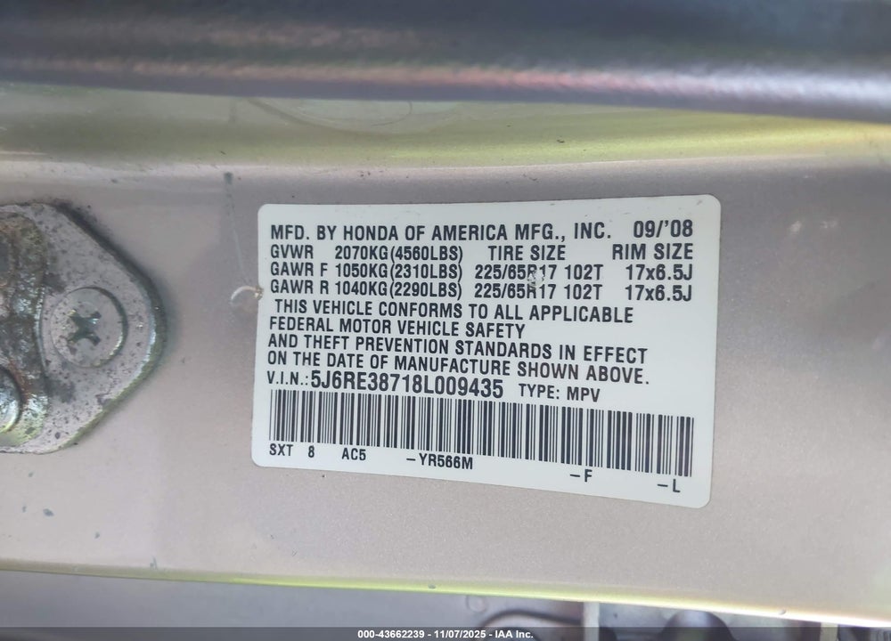 2008 HONDA CR-V EX-L VIN: 5J6RE38718L009435