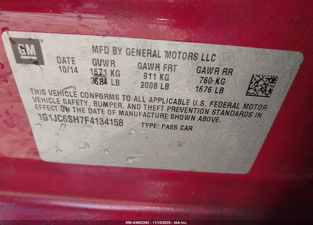2015 CHEVROLET SONIC LT AUTO VIN: 1G1JC6SH7F4134158