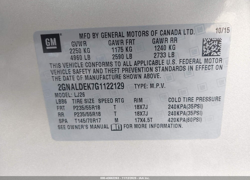 2016 CHEVROLET EQUINOX LTZ VIN: 2GNALDEK7G1122129