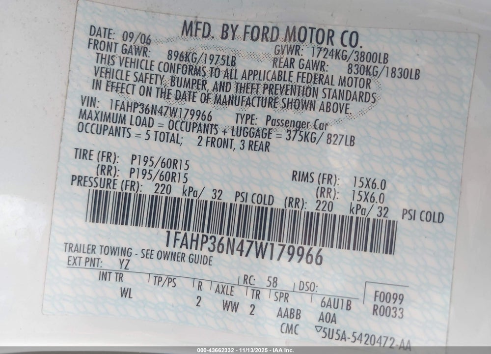 2007 FORD FOCUS VIN: 1FAHP36N47W179966