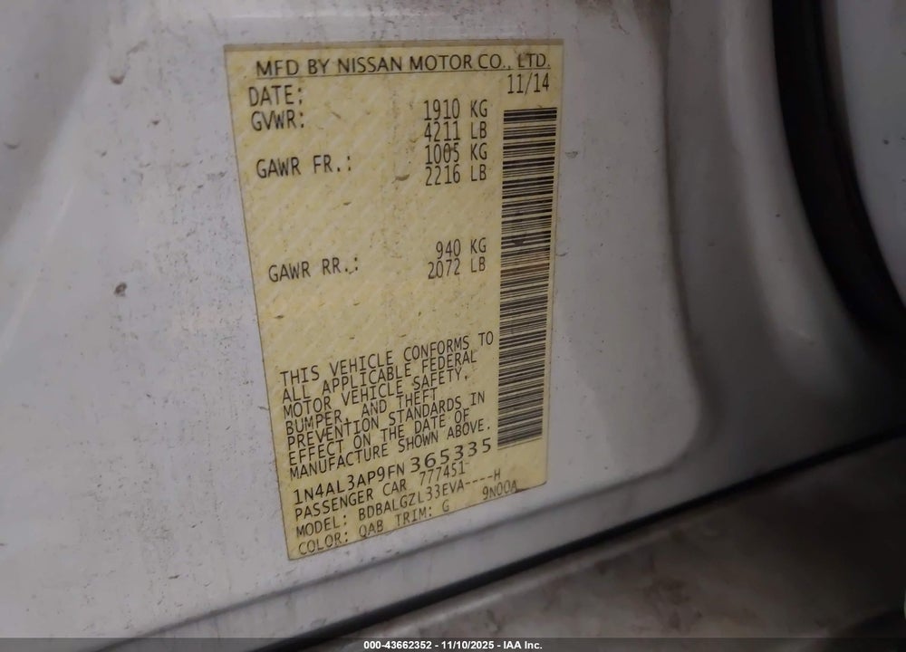 2015 NISSAN ALTIMA 2.5 S VIN: 1N4AL3AP9FN365335