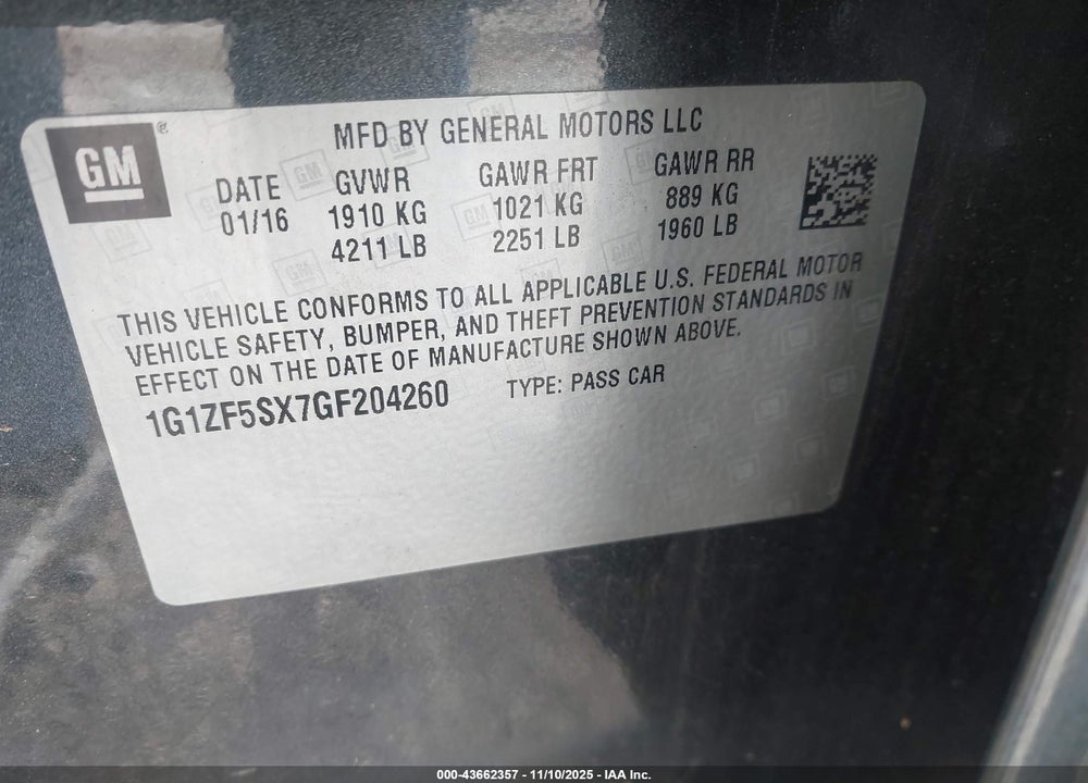 2016 CHEVROLET MALIBU 2LT VIN: 1G1ZF5SX7GF204260