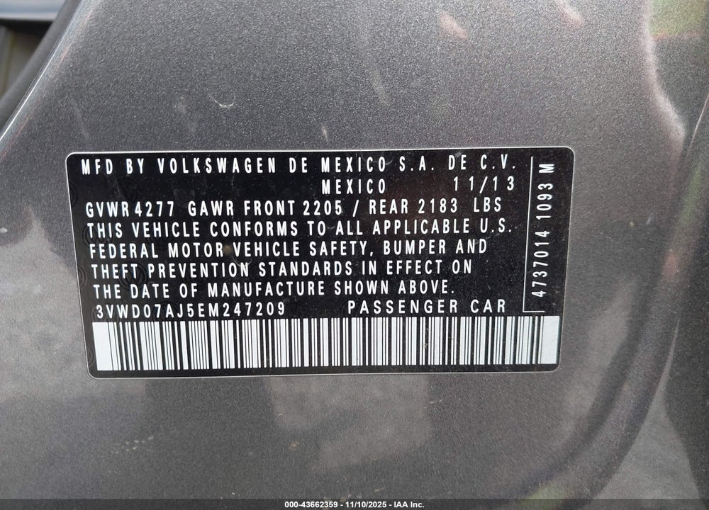 2014 VOLKSWAGEN JETTA 1.8T SE VIN: 3VWD07AJ5EM247209