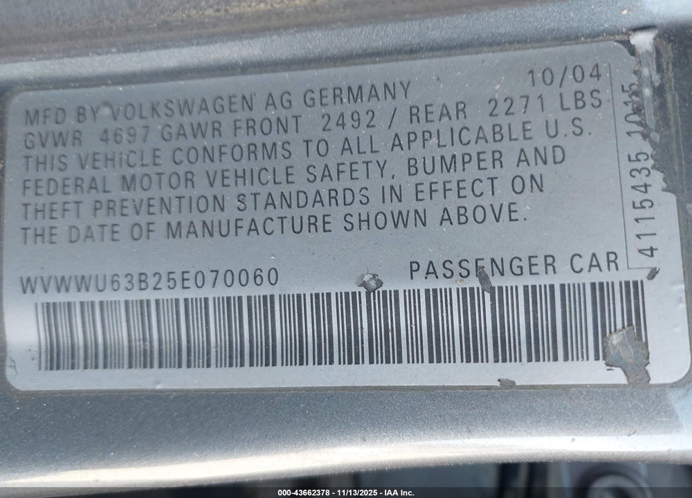 2005 VOLKSWAGEN PASSAT GLX VIN: WVWWU63B25E070060