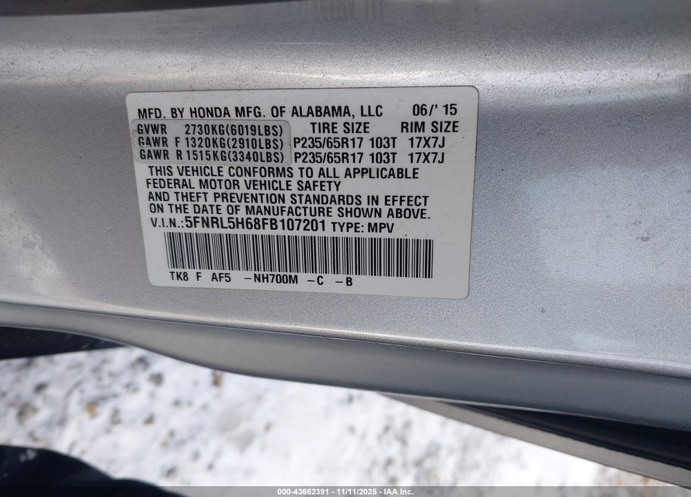 2015 HONDA ODYSSEY EX-L VIN: 5FNRL5H68FB107201